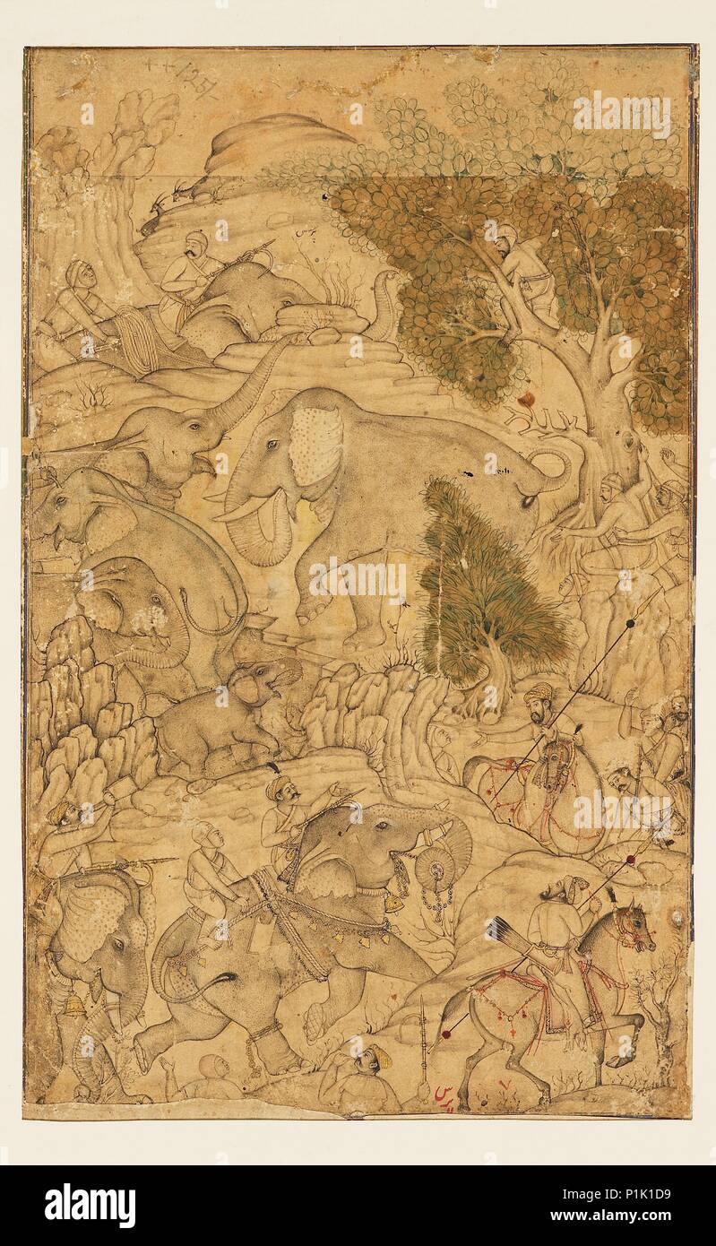 Figures capturing wild elephants, late 16th century -early 17th century. Artist: Unknown. Stock Photo