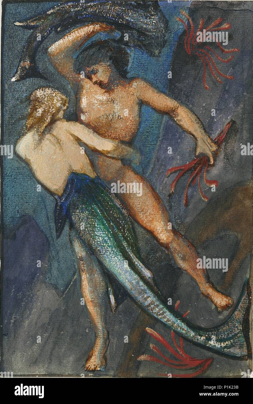 Mermaid and man from Album of forty-eight drawings, c1853-1898. Artist: Sir Edward Coley Burne-Jones. Stock Photo