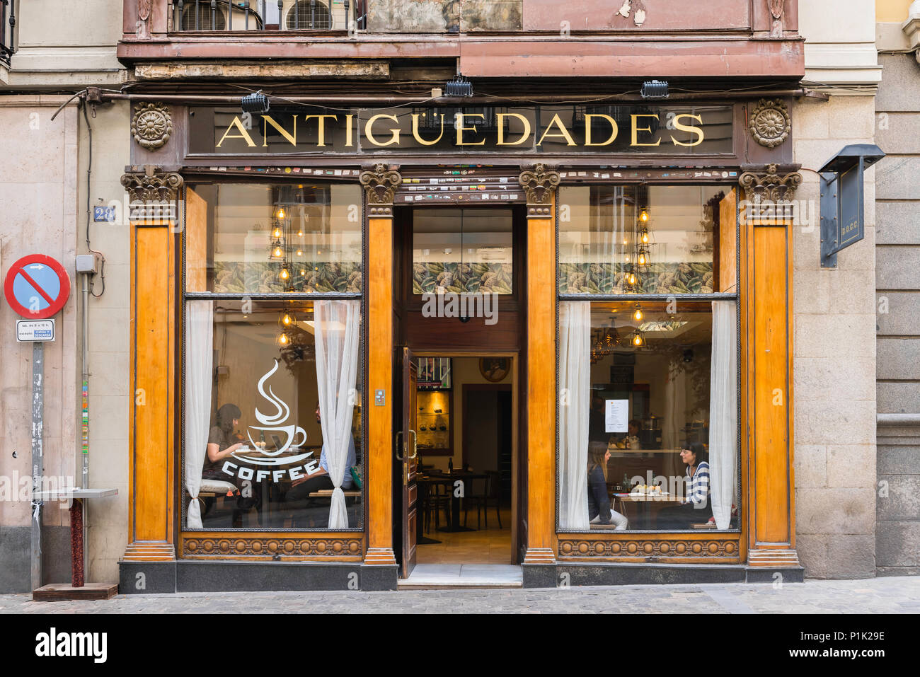 Madrid Huertas cafe, view of the front a traditional coffee shop in the