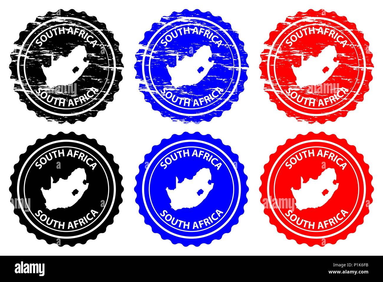 South Africa - rubber stamp - vector, Republic of South Africa (RSA) map pattern - sticker - black, blue and red Stock Vector