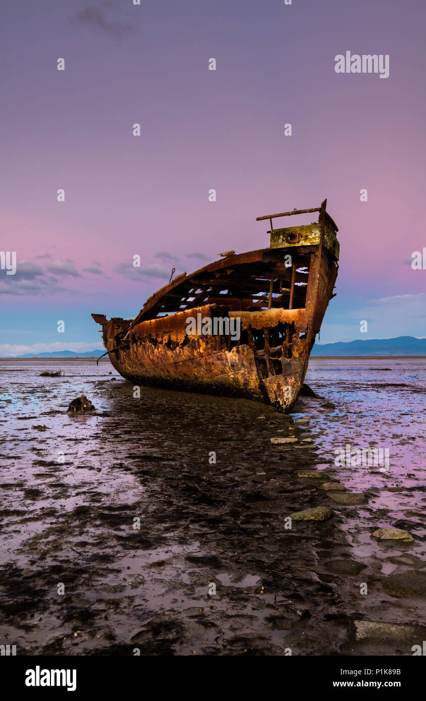 Janie Seddon shipwreck on the beach at sunset, Motueka, South Island, New Zealand Stock Photo