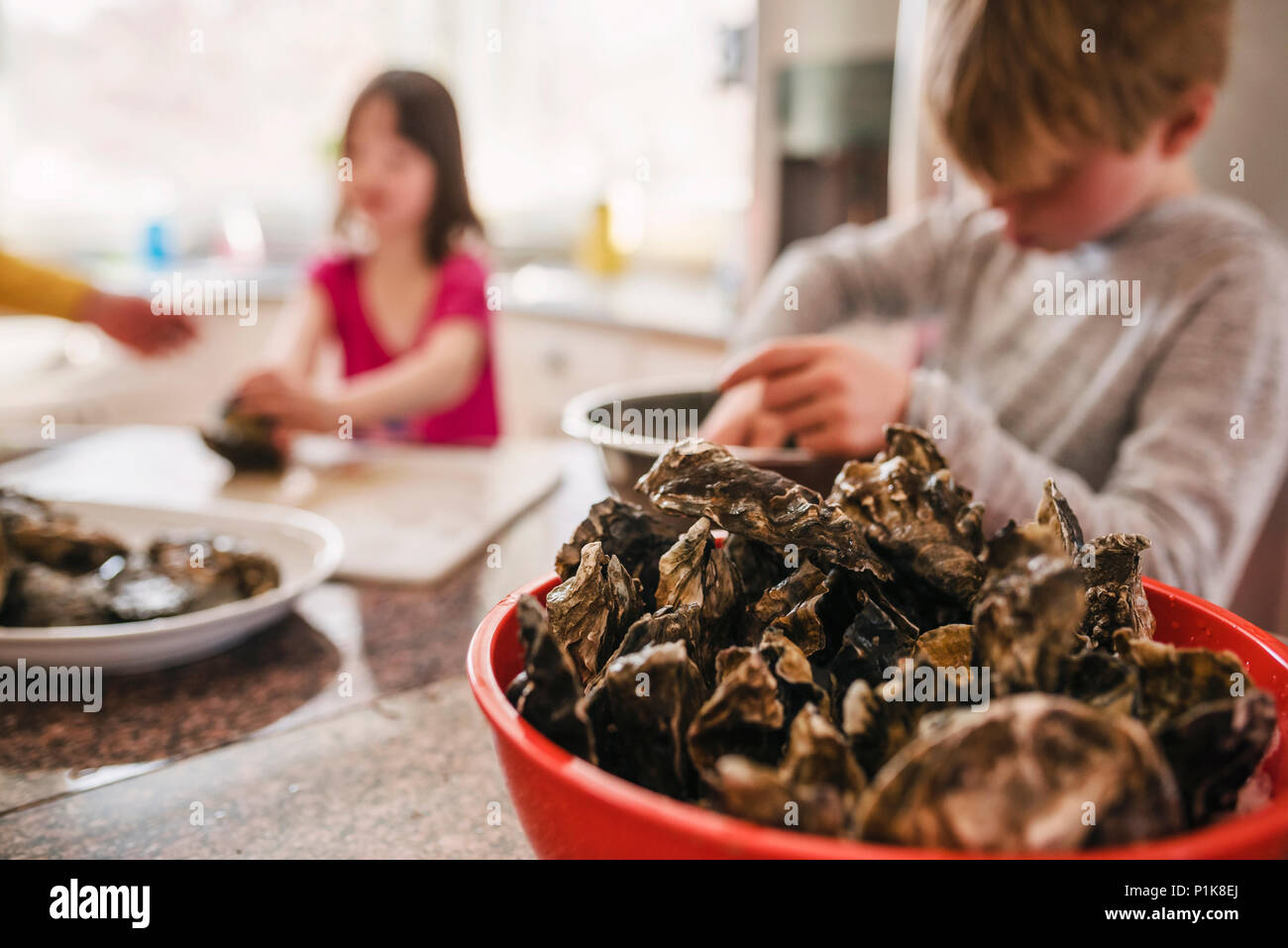 Brother and sister preparing fresh oysters Stock Photo