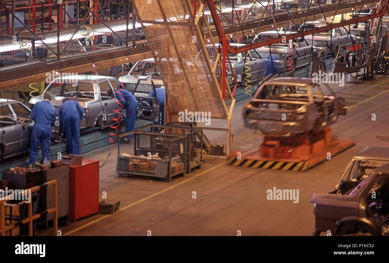 Assembly line in an Austin Rover UK car factory Stock Photo