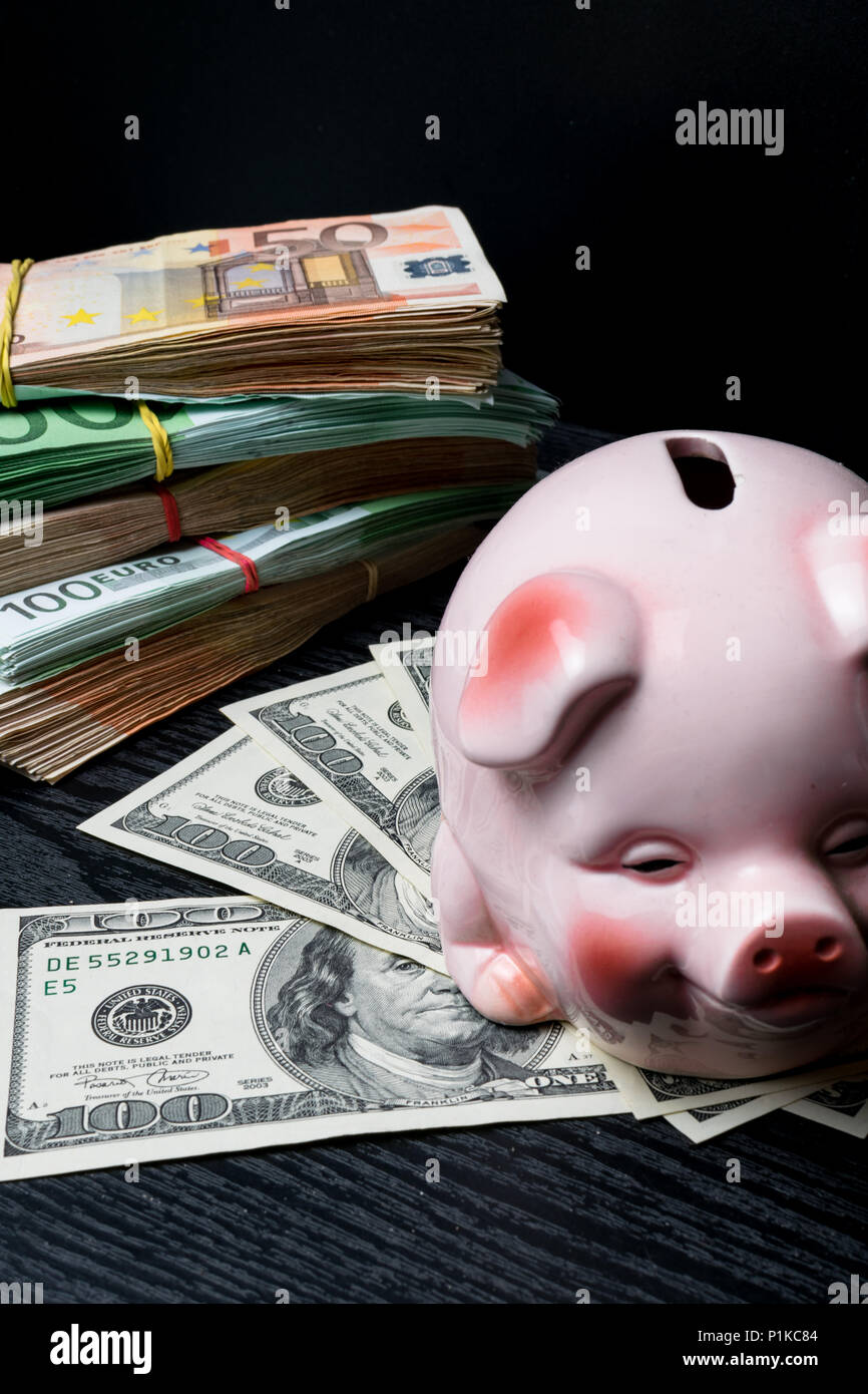 Pig Money Box With Cash Bills Dollar Euro Savings - 