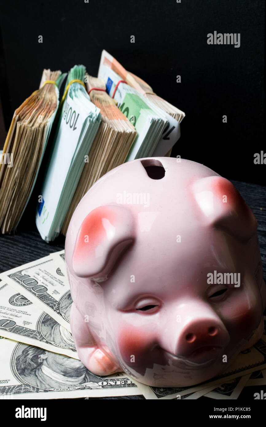 Pig Money Box With Cash Bills Dollar Euro Savings - 