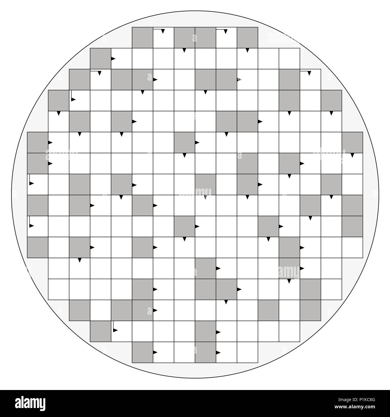 Round crossword pattern with arrows and empty boxes to insert any words for a clear message, brief heading or explicit information in keywords. Stock Photo