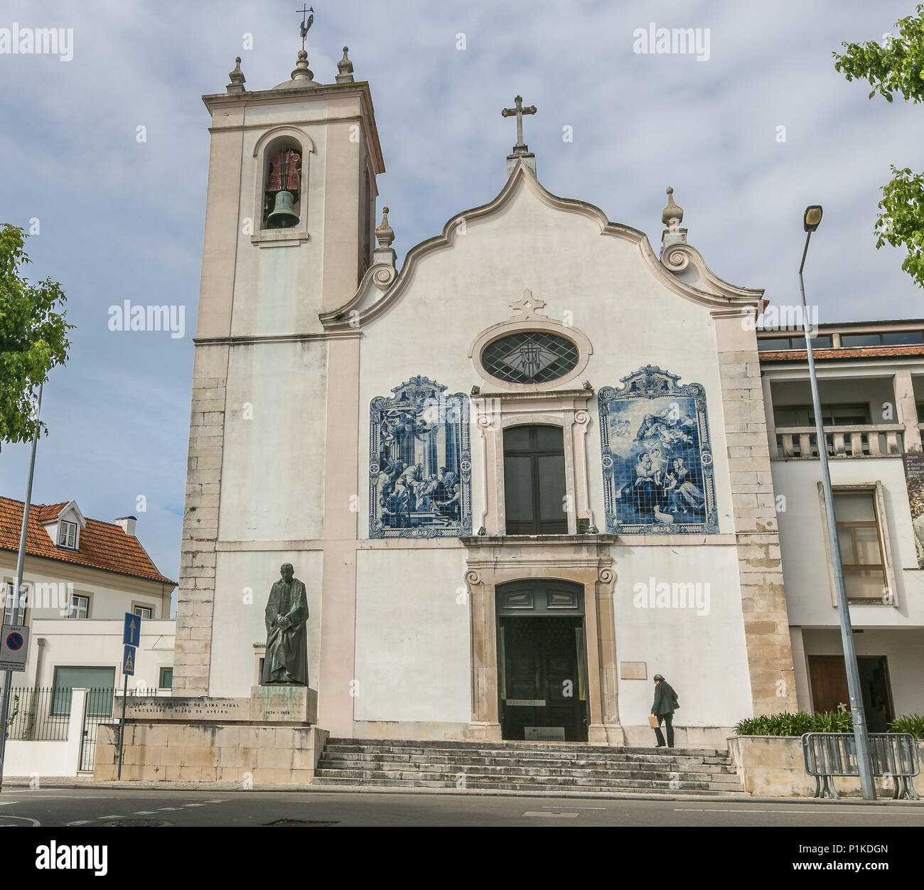 The Vera Cruz Church in Aveiro, Portugal. Azulejo tiled panels on the facade. Stock Photo