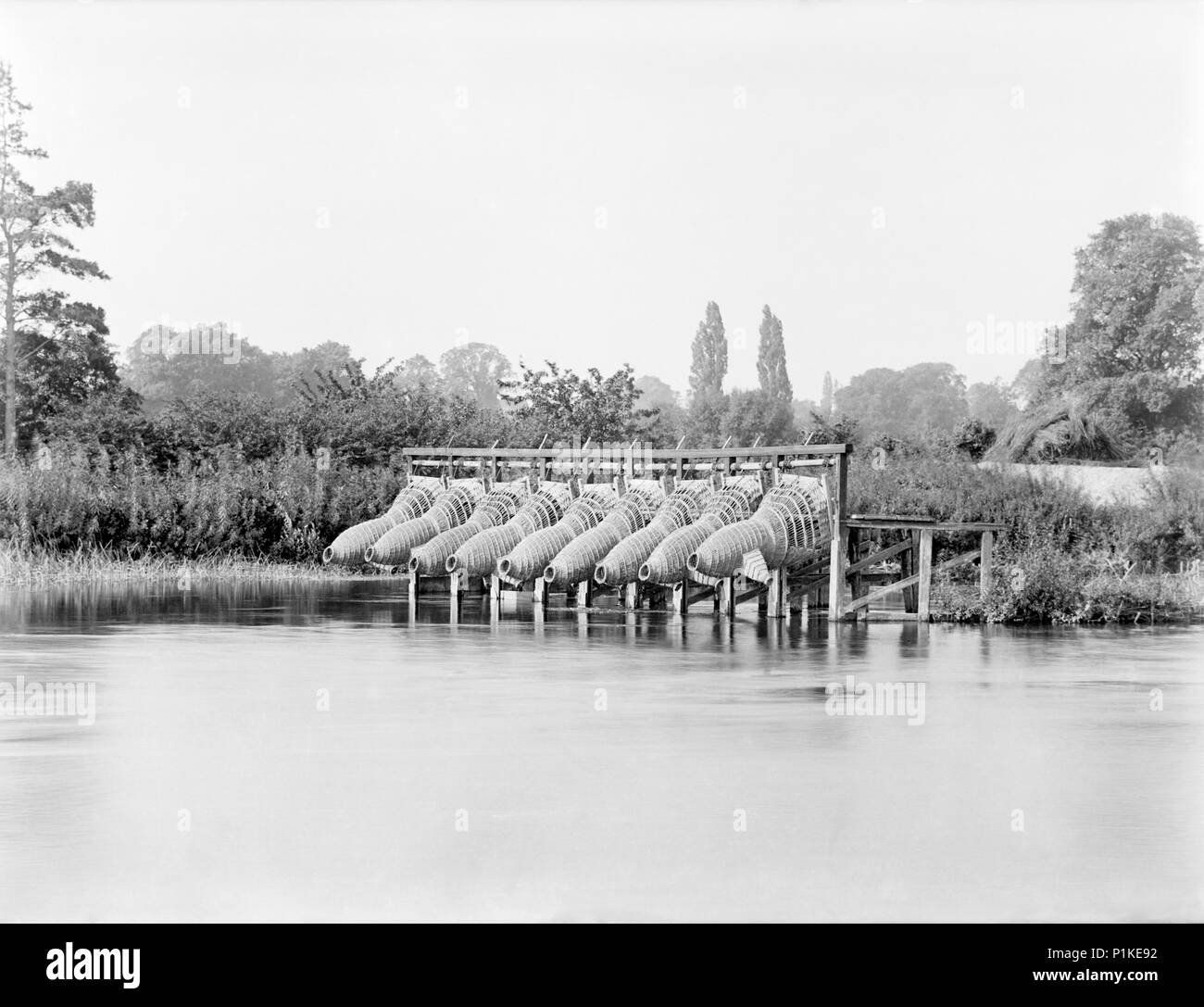 Eel traps on the River Thames, Bray, Berkshire, 1885. Artist: Henry Taunt. Stock Photo