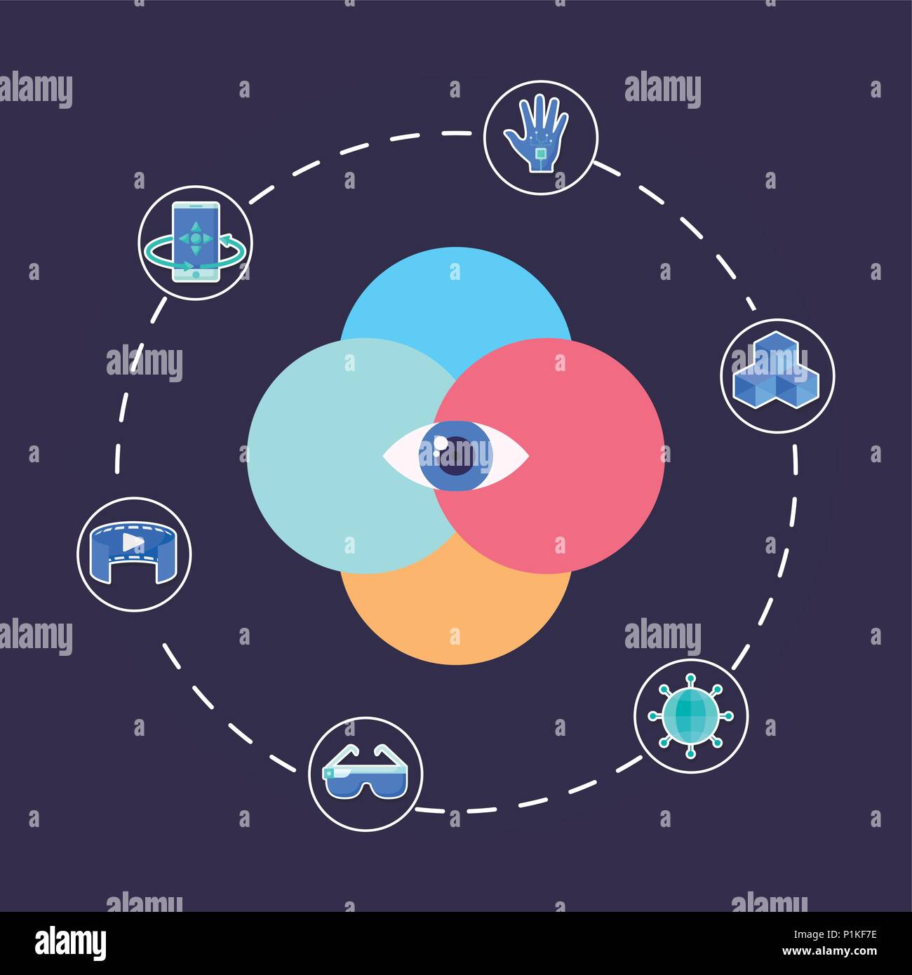 vision symbol and Virtual reality related icons over blue background ...