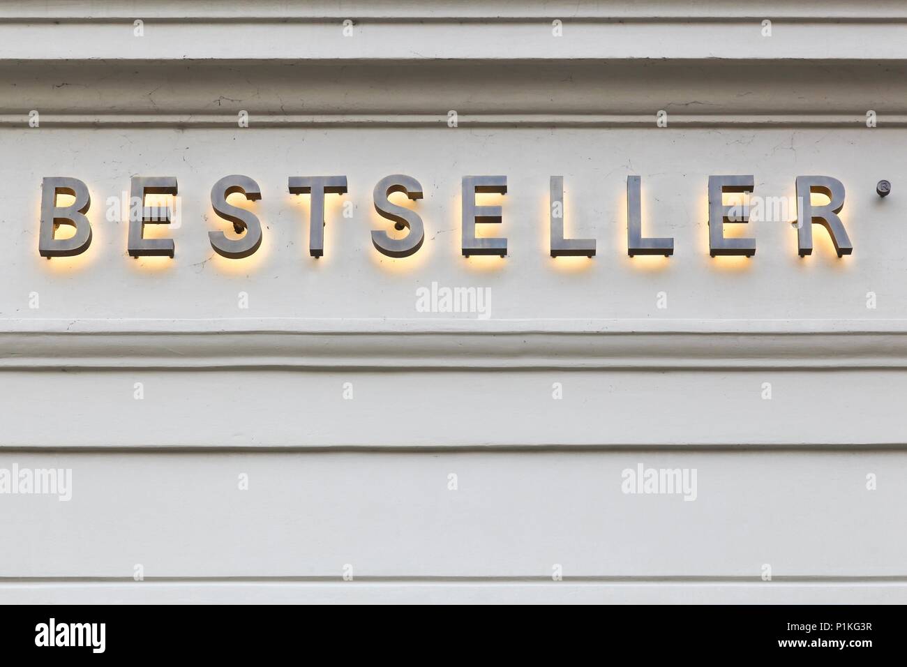 Aarhus, Denmark - April 8, 2018: Bestseller logo on a facade of a store.  Bestseller is a privately held family-owned clothing company based in  Denmark Stock Photo - Alamy