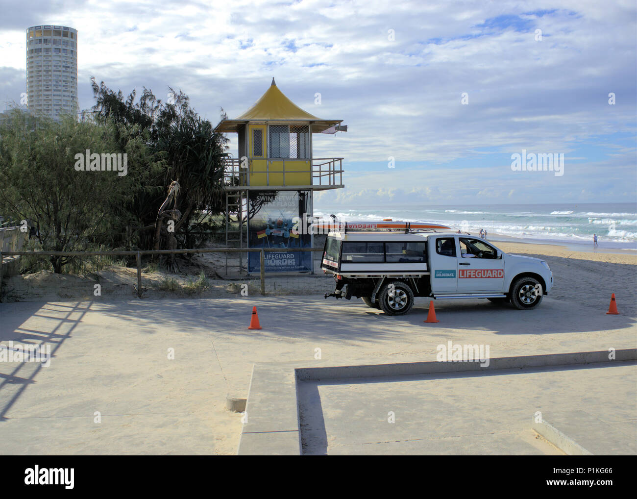 Rescue vehicle ready at beach. Life guards observation tower cabin and rescue vehicle at Surfer Paradise beach in Gold Coast Australia, 9 June 2018 Stock Photo