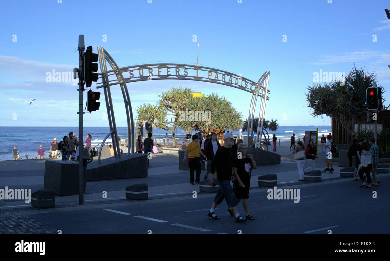 Busy city scene as people cross at Surfer Paradise entrance gate at Esplanade street, Gold Coast, Australia as on 9 June 2018. Stock Photo