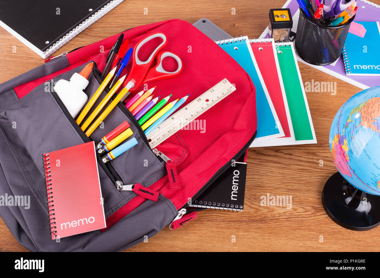 Backpack with an assortment of school supplies on a desktopback to