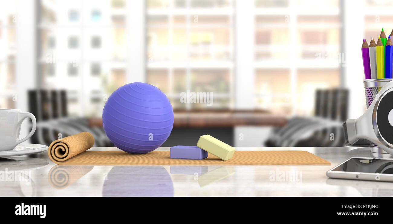 Yoga At Work Exercise Mat And Pilates Ball On An Office Desk