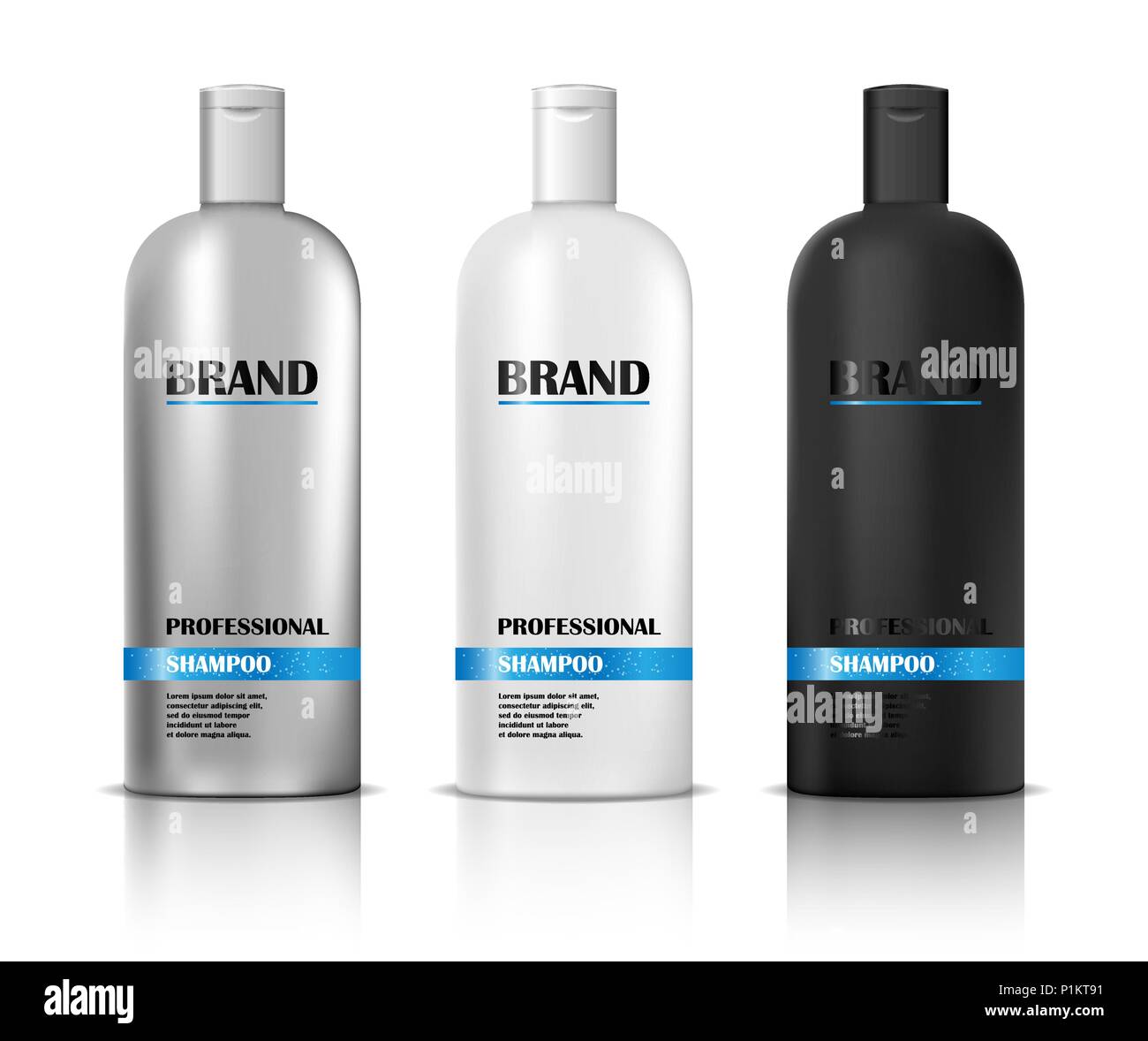 Shampoo white and black mockup with label isolated. Shampoo bottle body care product design. Vector illustration. Stock Vector