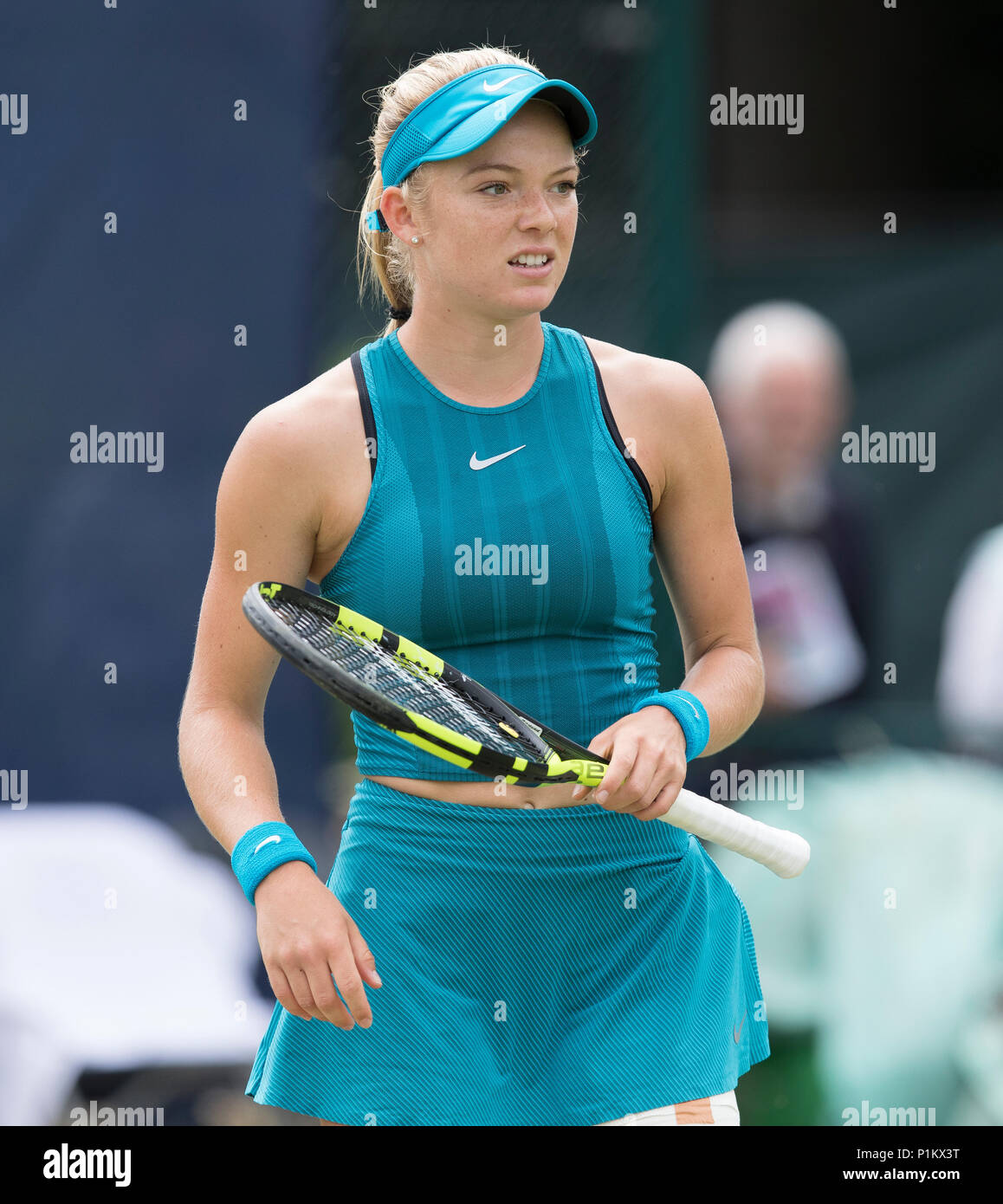 Katie Swan looks unhappy after losing a point during the Nature Valley Open match between Mona Barthel of Germany and Katie Swan of Great Britain at N Stock Photo