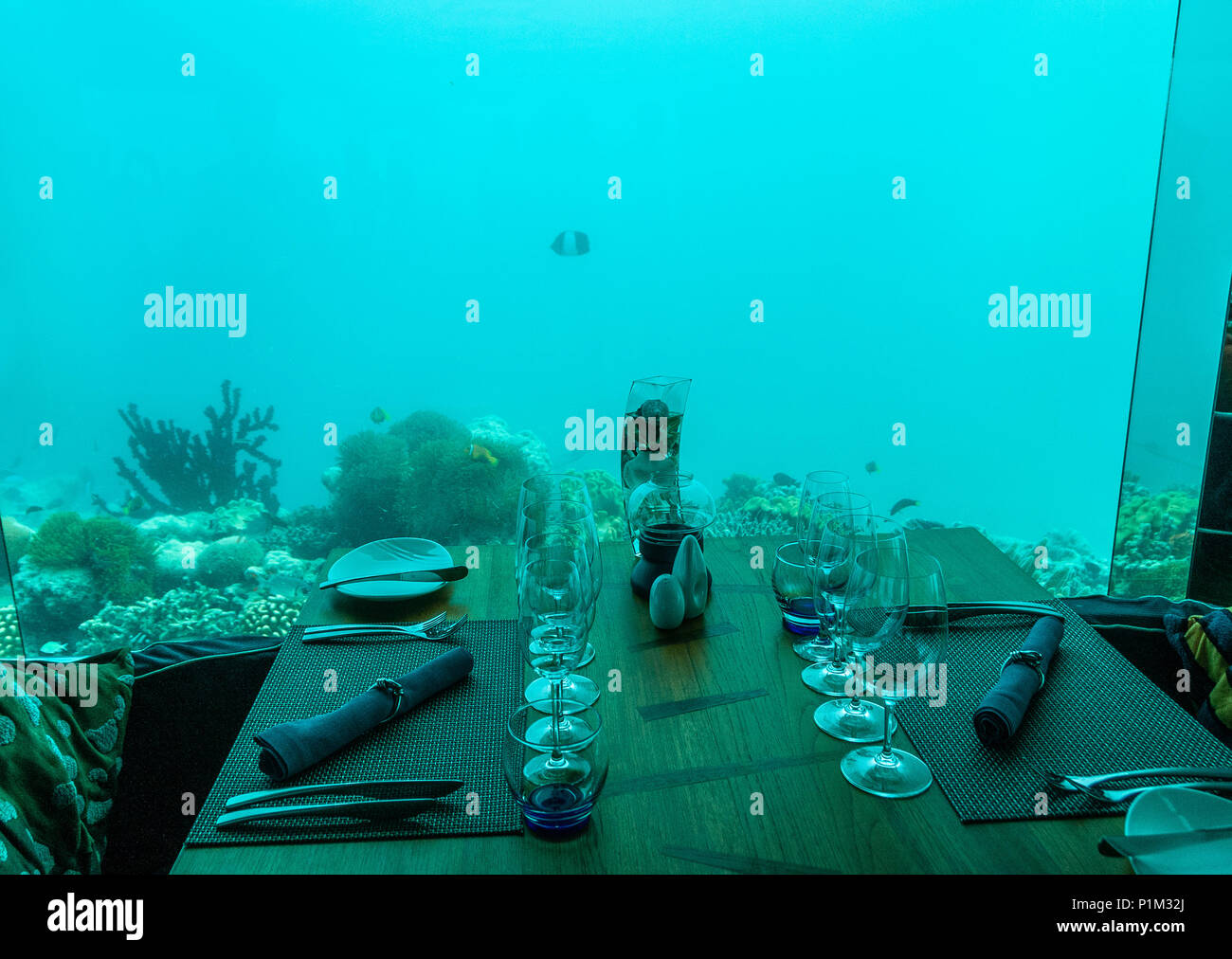 Restaurant under the water. Maldives. Underwater life. dinner Stock Photo