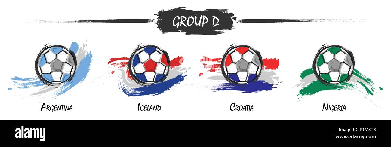 Set of football or soccer national team group D . Watercolor paint art design . Vector for international world championship tournament cup 2018 . Stock Vector