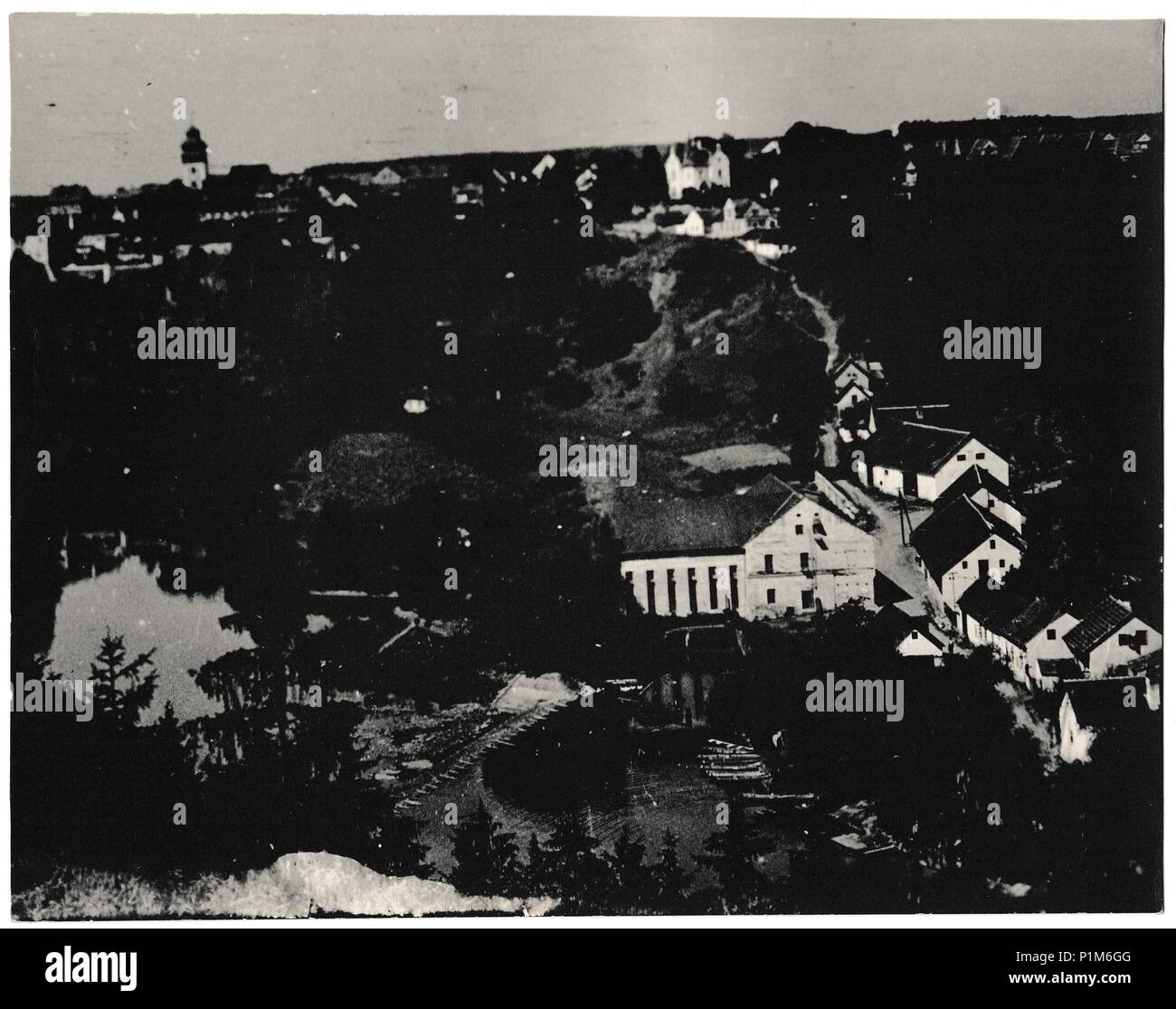 THE CZECHOSLOVAK SOCIALIST REPUBLIC - CIRCA 1960s: Retro photo shows view on village. Black & white vintage photography Stock Photo