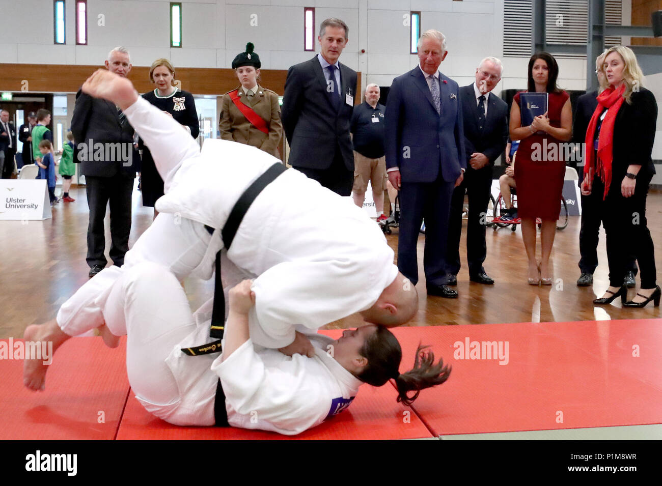 The Prince of Wales watches a Judo demonstration during a visit to Ulster University in Coleraine, Co Londonderry, to help celebrate its 50th anniversary. Stock Photo