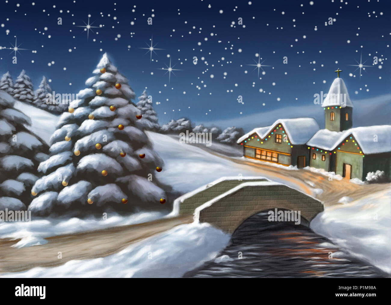 Enchanted Christmas landscape. Digital illustration. Stock Photo