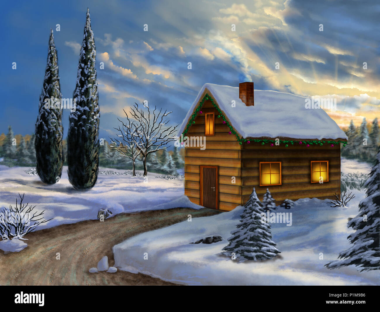 Wooden Cabin In A Snowy Christmas Landscape Digital Illustration