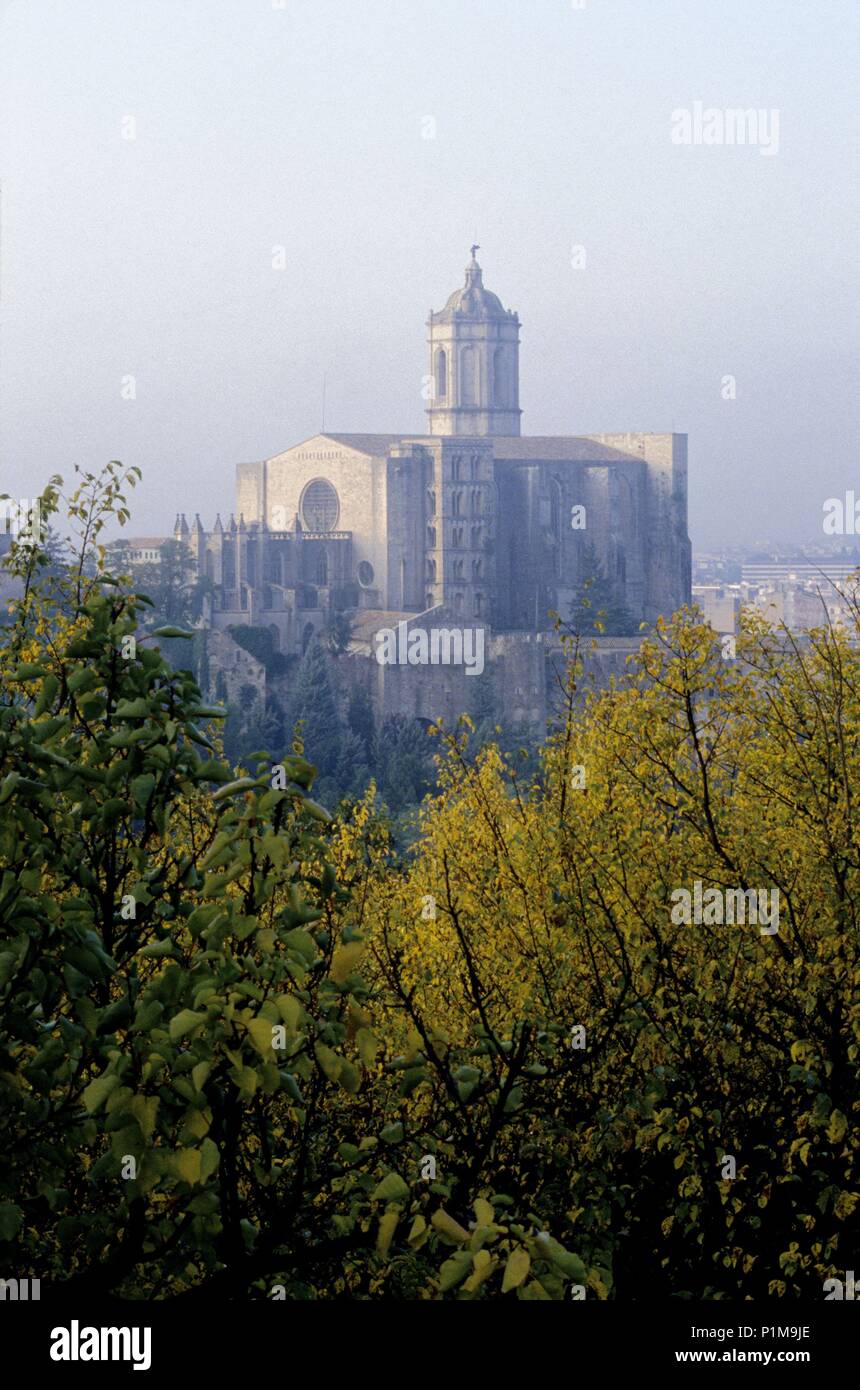 Cathedral from the Montjuïc castle (romanesque and gothic architecture). Stock Photo