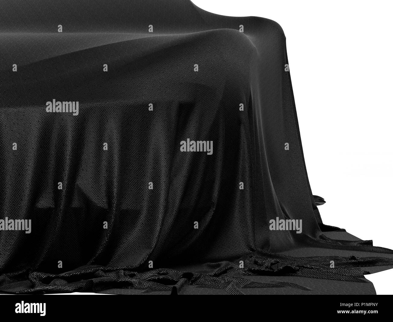 New racing design car covered with black cloth. 3d rendering illustration. Shallow DOF, shallow focus Stock Photo