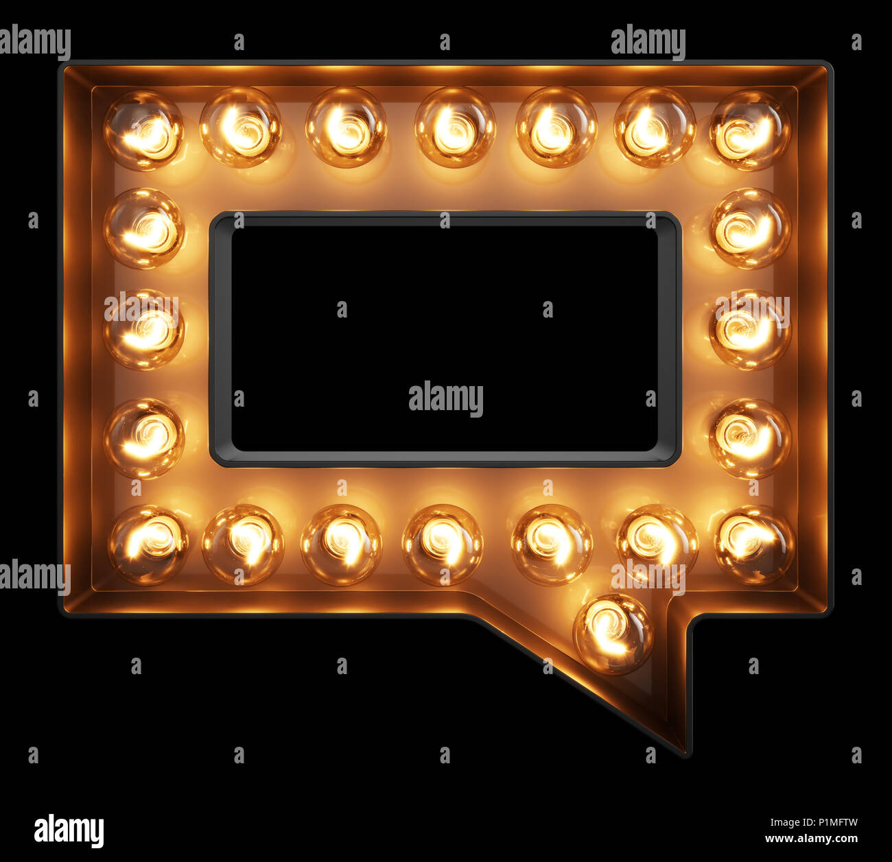 Light bulb glowing speech bubble message mark sign. Front view illuminated glow classic lamp