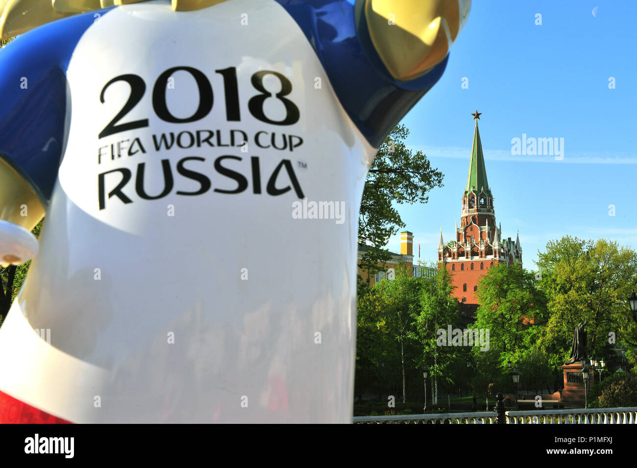 MOSCOW, RUSSIA - MAY 08: Zabivaka, official mascot of FIFA World Cup Russia 2018 with Kremlin tower on background, Moscow on May 8, 2018. Stock Photo
