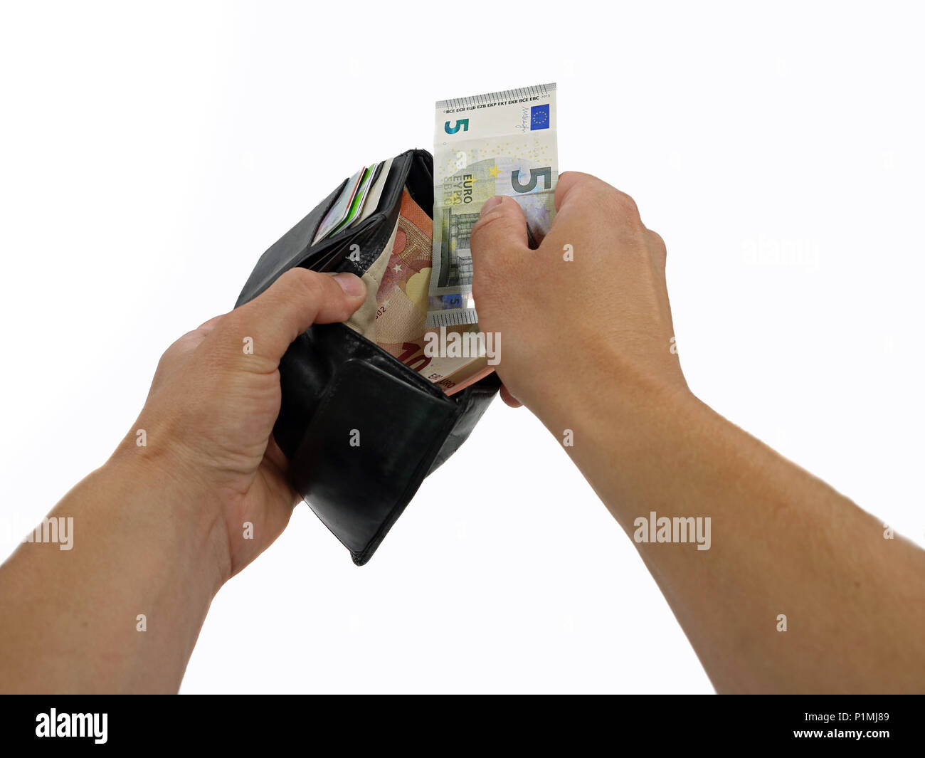 Hands taking out money from wallet in a first person view isolated on white background. Stock Photo