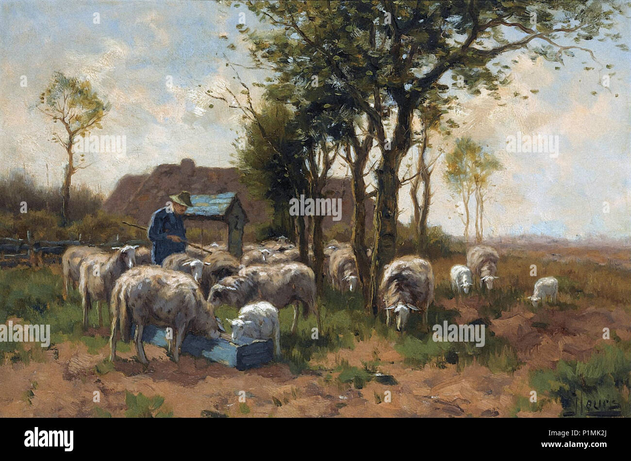Leurs  Johannes Karel - a Flock of Sheep Grazing and Drinking Stock Photo