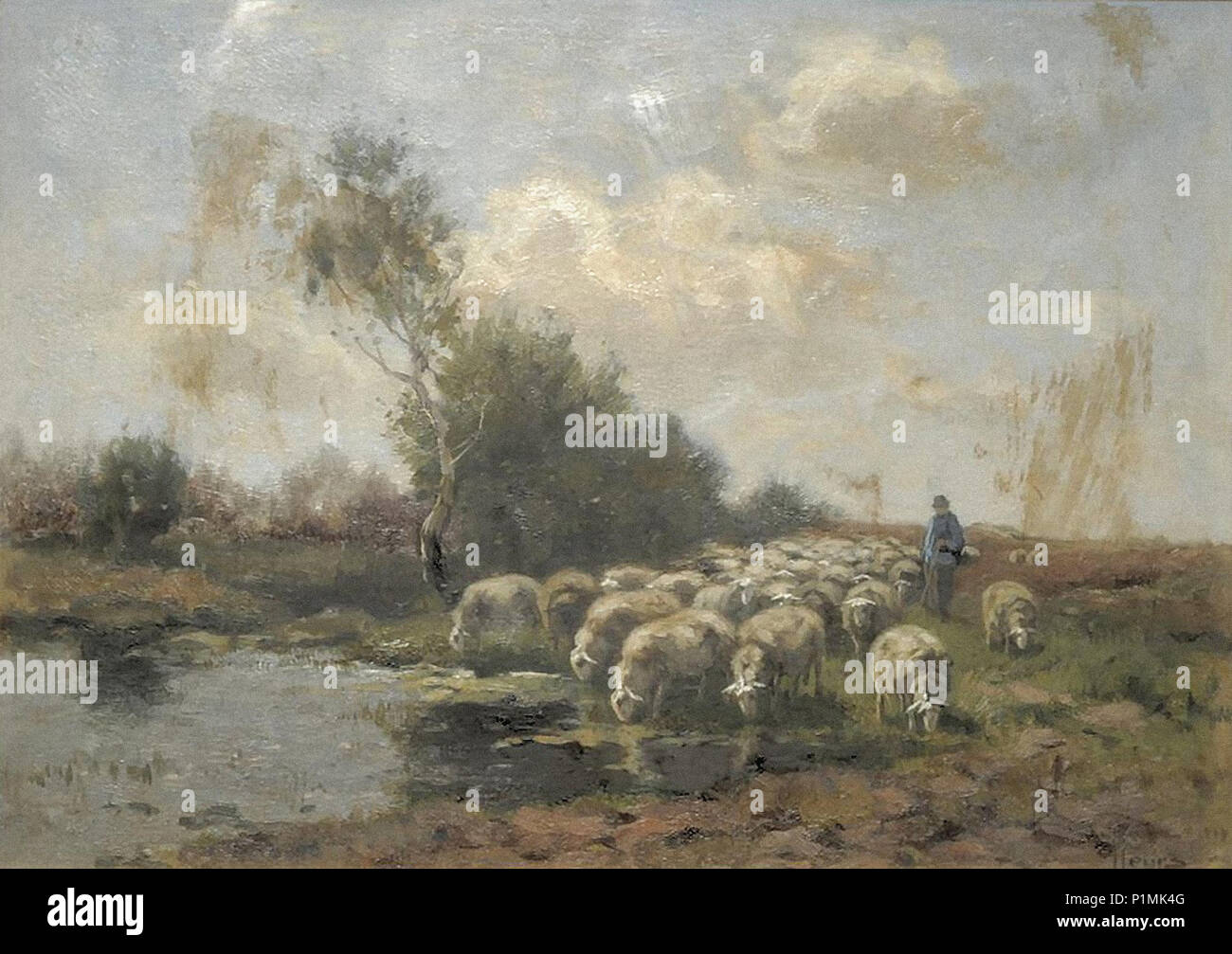 Leurs  Johannes Karel - Shepherd and Sheep Beside a Pond Stock Photo