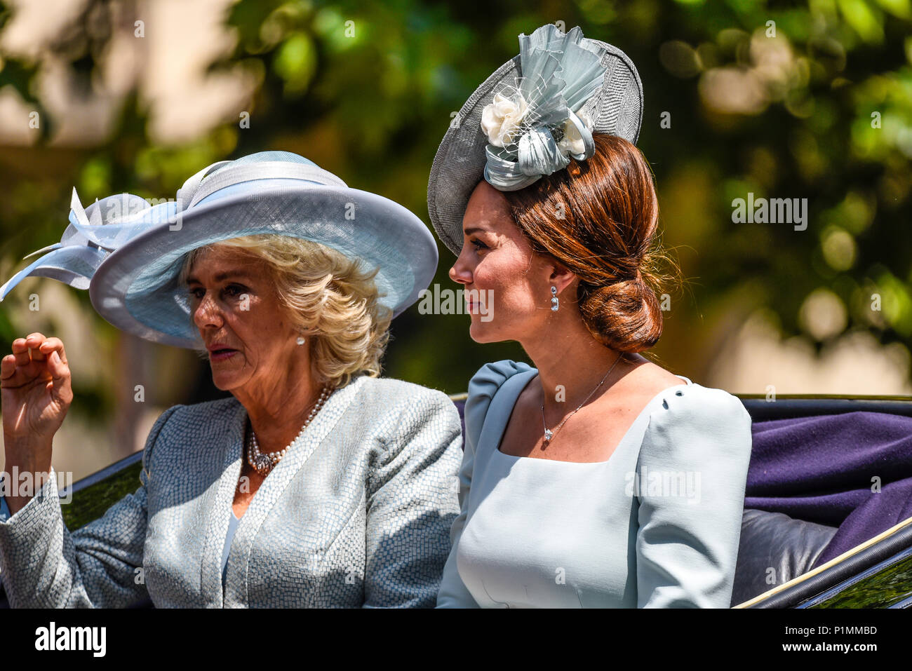 Trooping the Colour 2018. Duchess of Cambridge, Kate Middleton displaying earrings. With Duchess of Cornwall. In carriage on The Mall Stock Photo