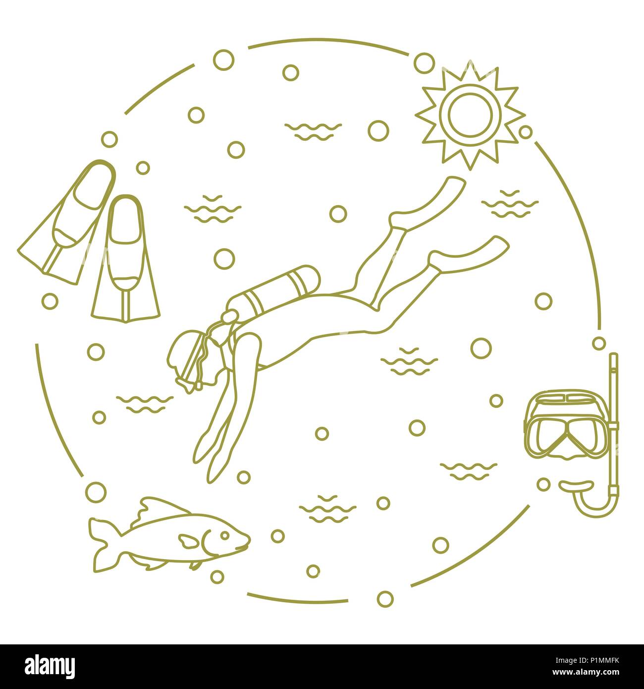Mask, snorkel, flippers, sun, fish, scuba diver. Sports and recreation ...