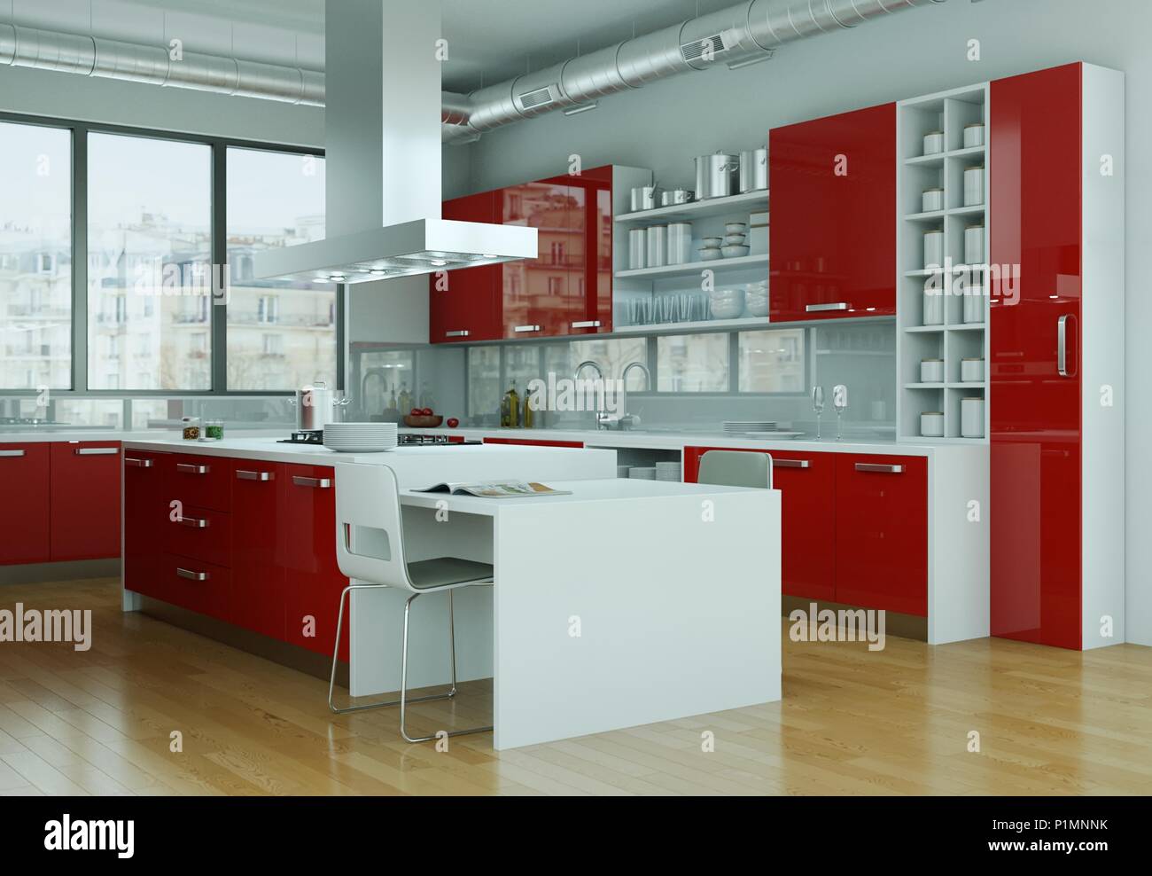 Modern red kitchen interior design illustration Stock Photo - Alamy