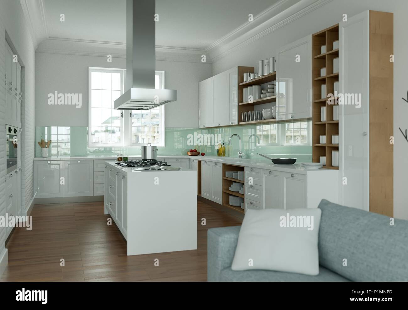 White modern kitchen interior design illustration Stock Photo - Alamy