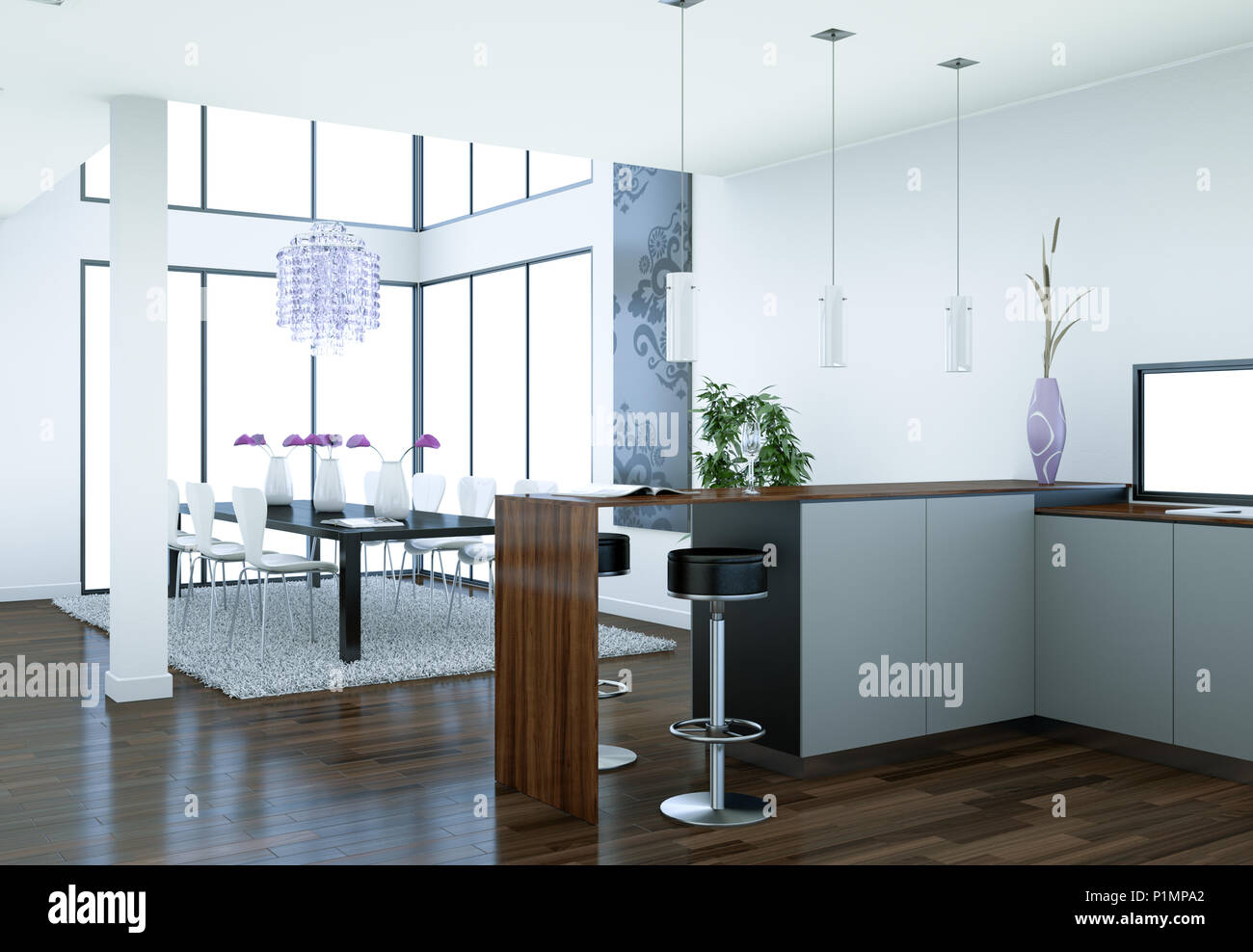 Modern grey kitchen interior design illustration Stock Photo - Alamy