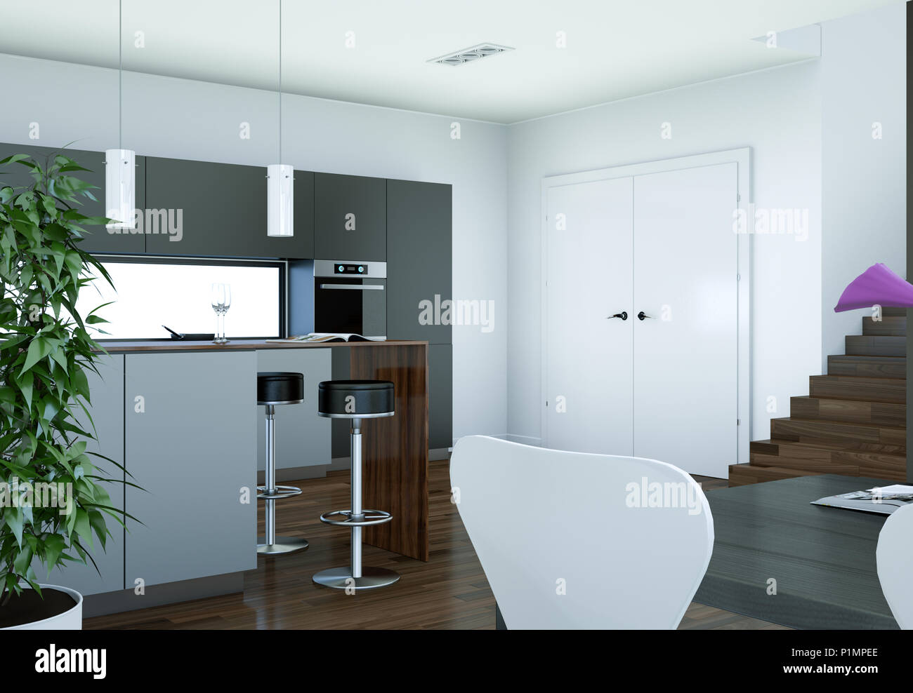 Modern grey kitchen interior design illustration Stock Photo - Alamy