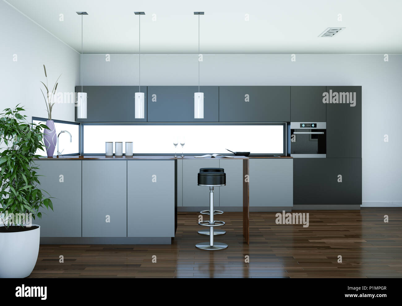 Modern grey kitchen interior design illustration Stock Photo - Alamy