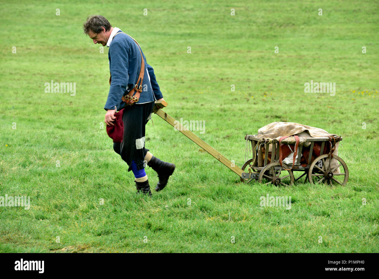 Man in 17th century costume pulling small handcart across grassy field Stock Photo