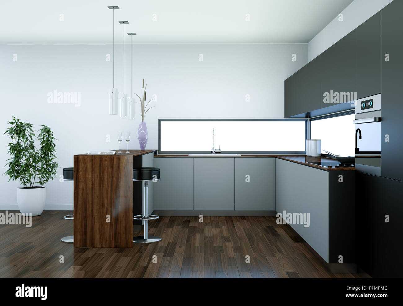 Modern grey kitchen interior design illustration Stock Photo - Alamy