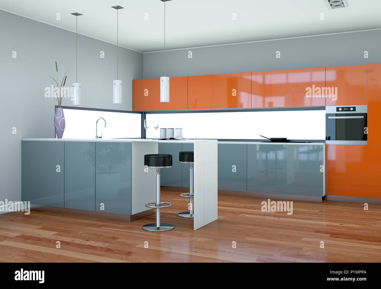 Modern grey kitchen interior design illustration Stock Photo - Alamy