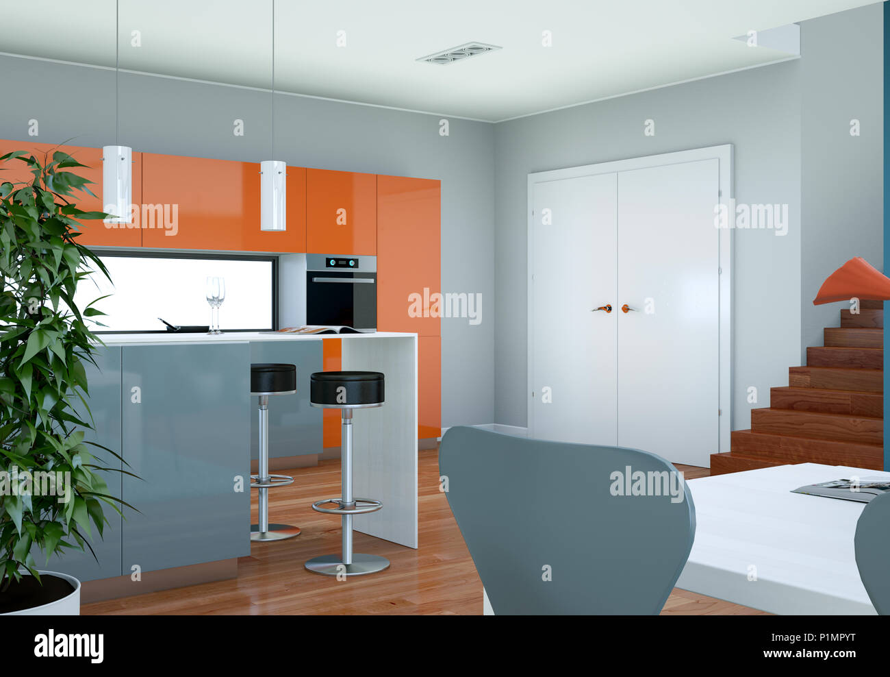 Modern grey kitchen interior design illustration Stock Photo - Alamy