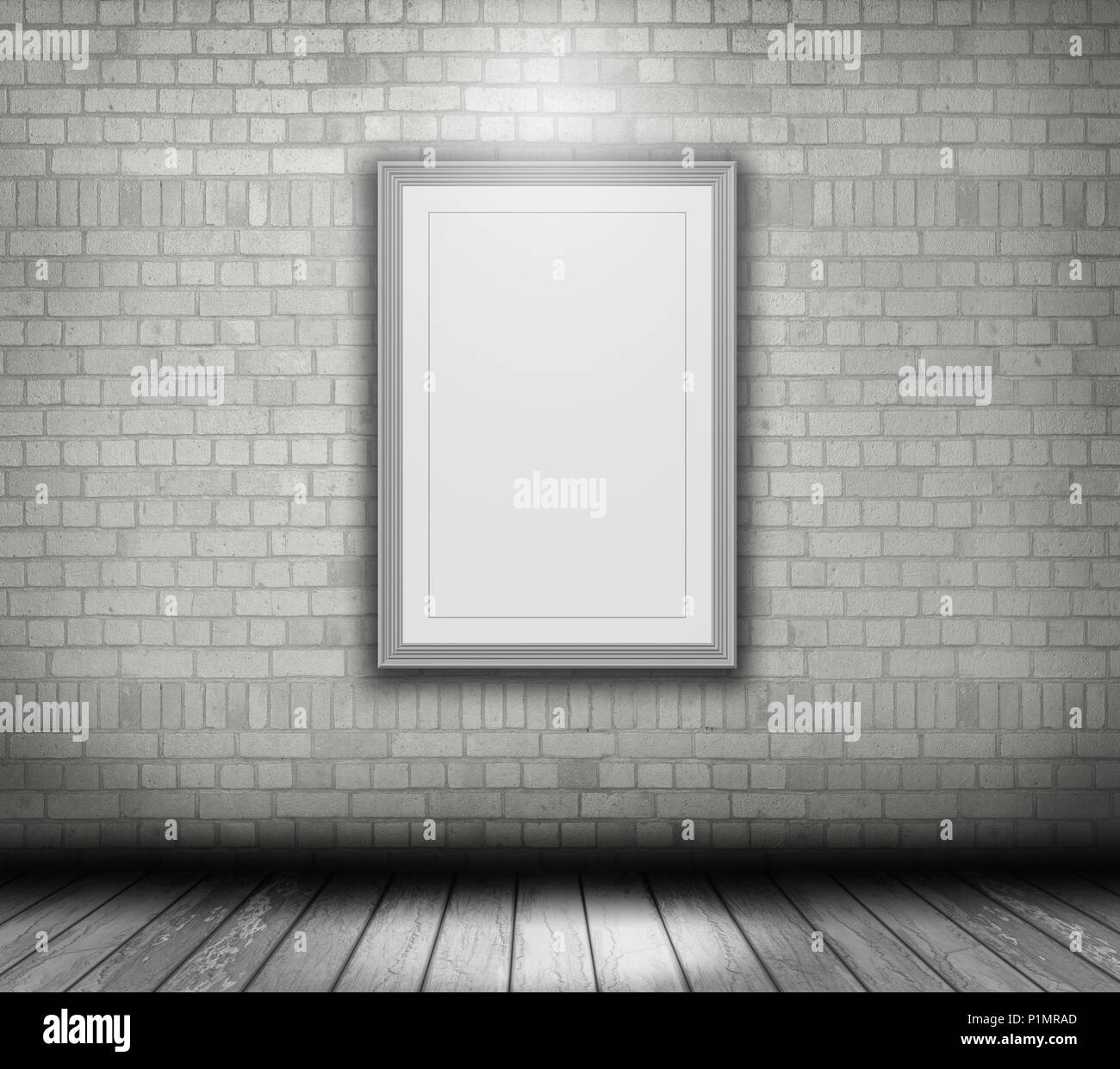 3D render of a blank picture frame on a white brick wall Stock Photo ...