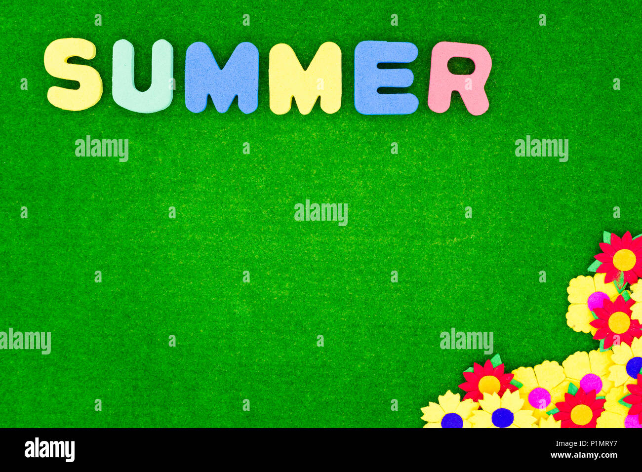 Summer lettering on a green background with flowers and copy space ...