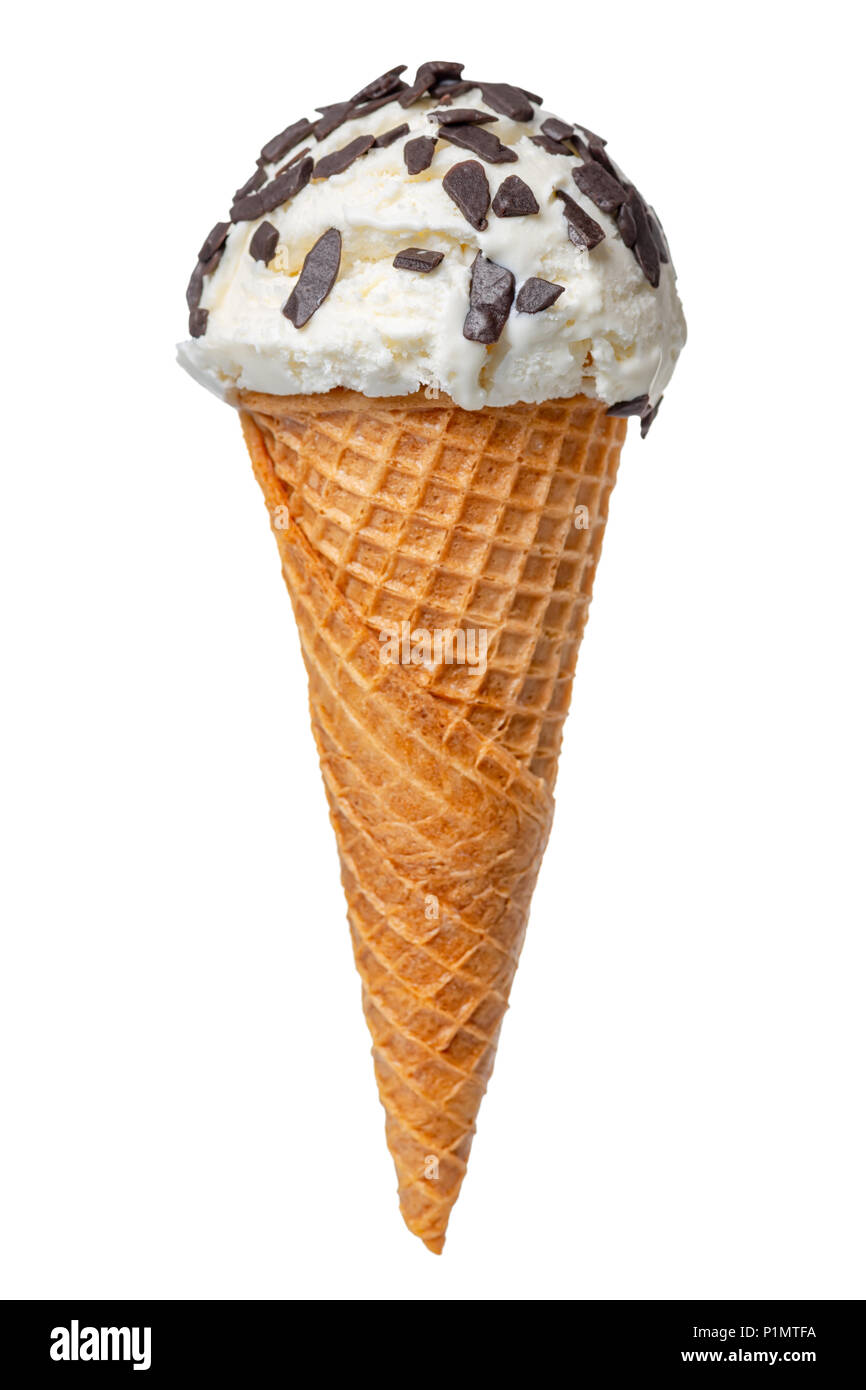 waffle cup with white scoop of ice cream and chocolate flakes isolated ...