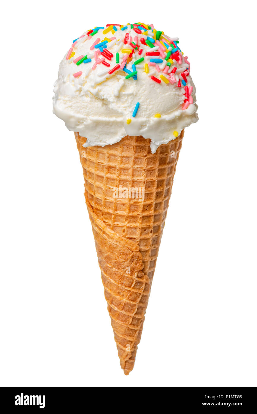 wafer cone with white scoop of ice cream and colorful sprinkles isolated on white  background, close up Stock Photo - Alamy