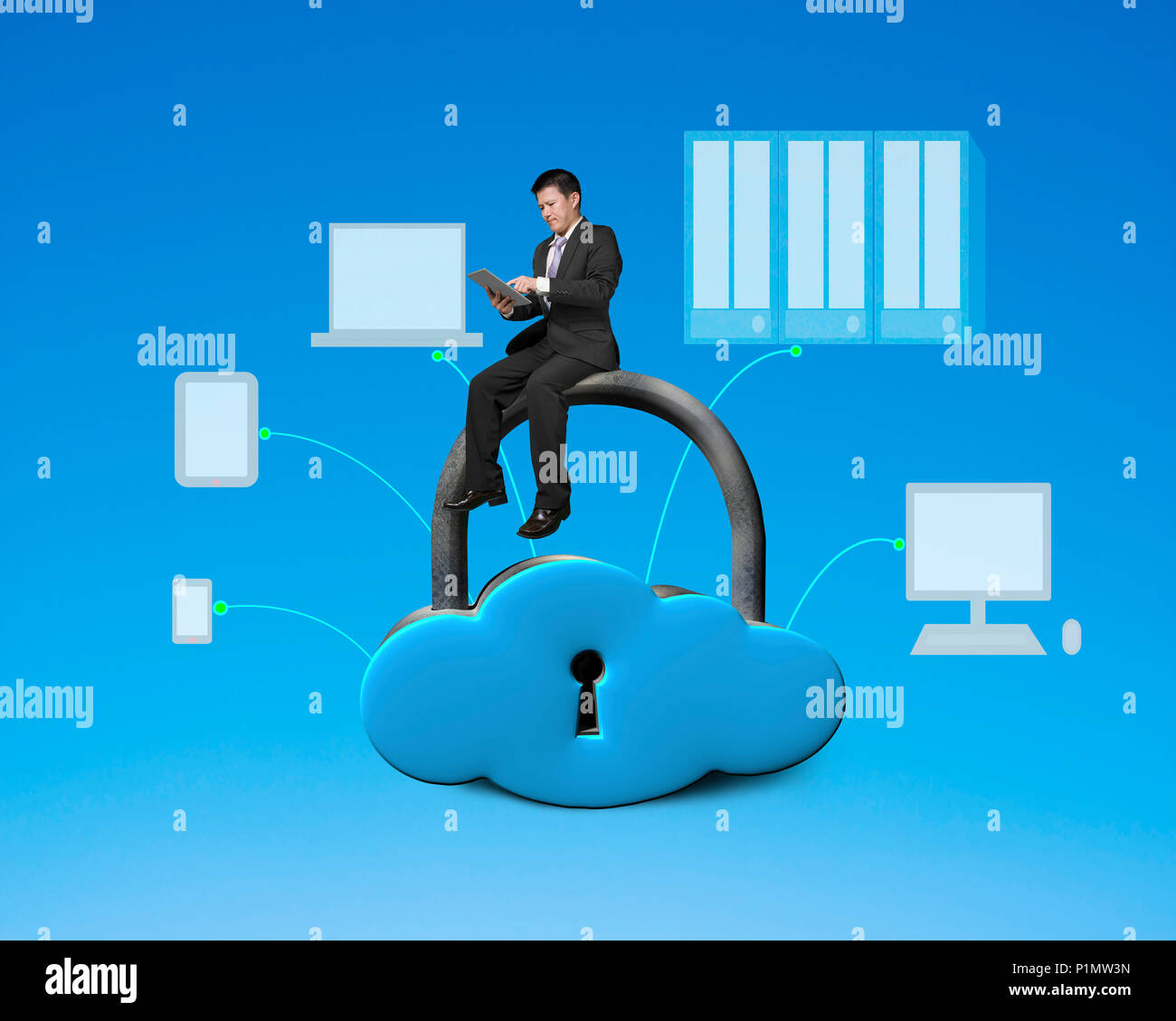 Using tablet and sitting on cloud shape locker with devices drawing Stock Photo