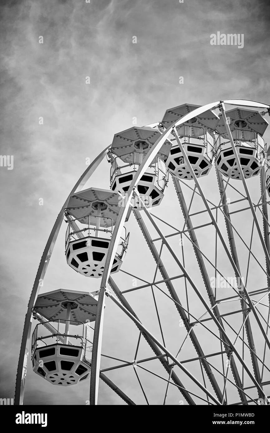 Black and white picture of Ferris wheel cars, childhood concept. Stock Photo